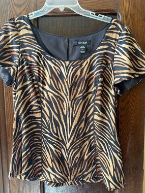 White House Black Market Black and Brown Zebra-Print Short Sleeve Silk Blouse